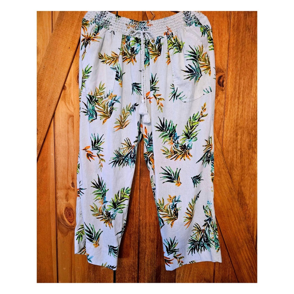 Tropical Linen Blend Pants Women 1X White Wide Leg Cropped Smocked 774